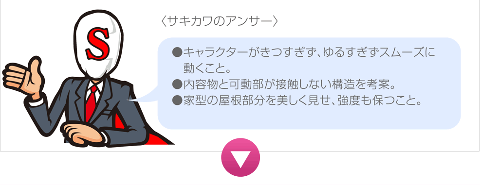 〈サキカワのアンサー〉
●キャラクターがきつすぎず、ゆるすぎずスムーズに動くこと。●内容物と可動部が接触しない構造を考案。●家型の屋根部分を美しく見せ、強度も保つこと。